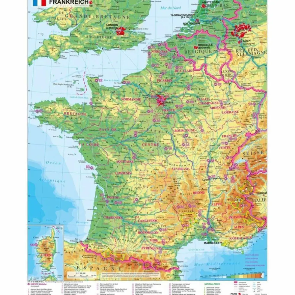 FRANKREICH PHYSISCH 1 : 1.500 000 - Poster